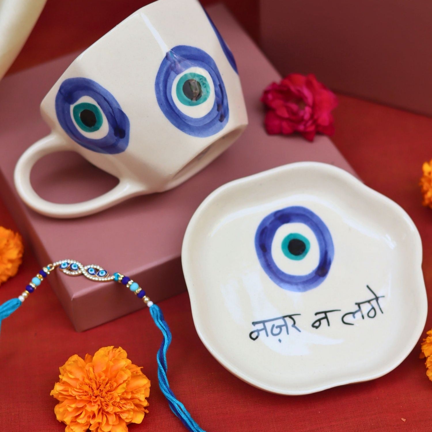Lead free Evil Eye Mug & Evil Eye Dessert Plate Rakhi Gift Box