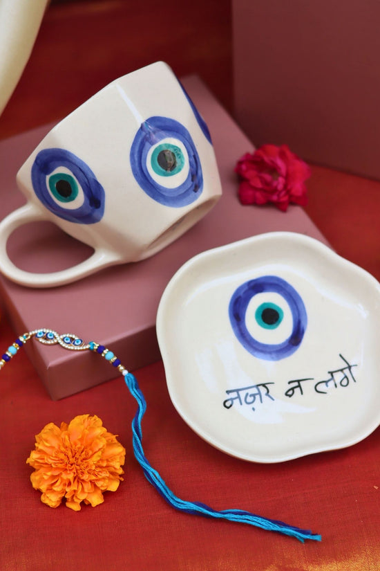 Lead free Evil Eye Mug & Evil Eye Dessert Plate Rakhi Gift Box