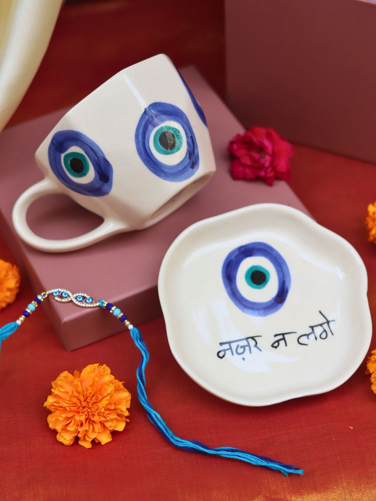Lead free Evil Eye Mug & Evil Eye Dessert Plate Rakhi Gift Box