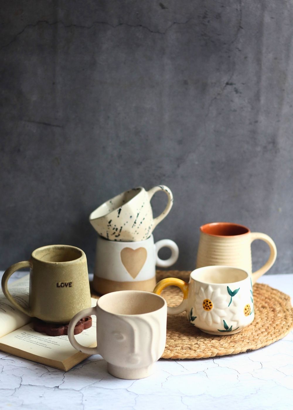 handmade Set of 6 White & Beige Mugs (for the price of 5)