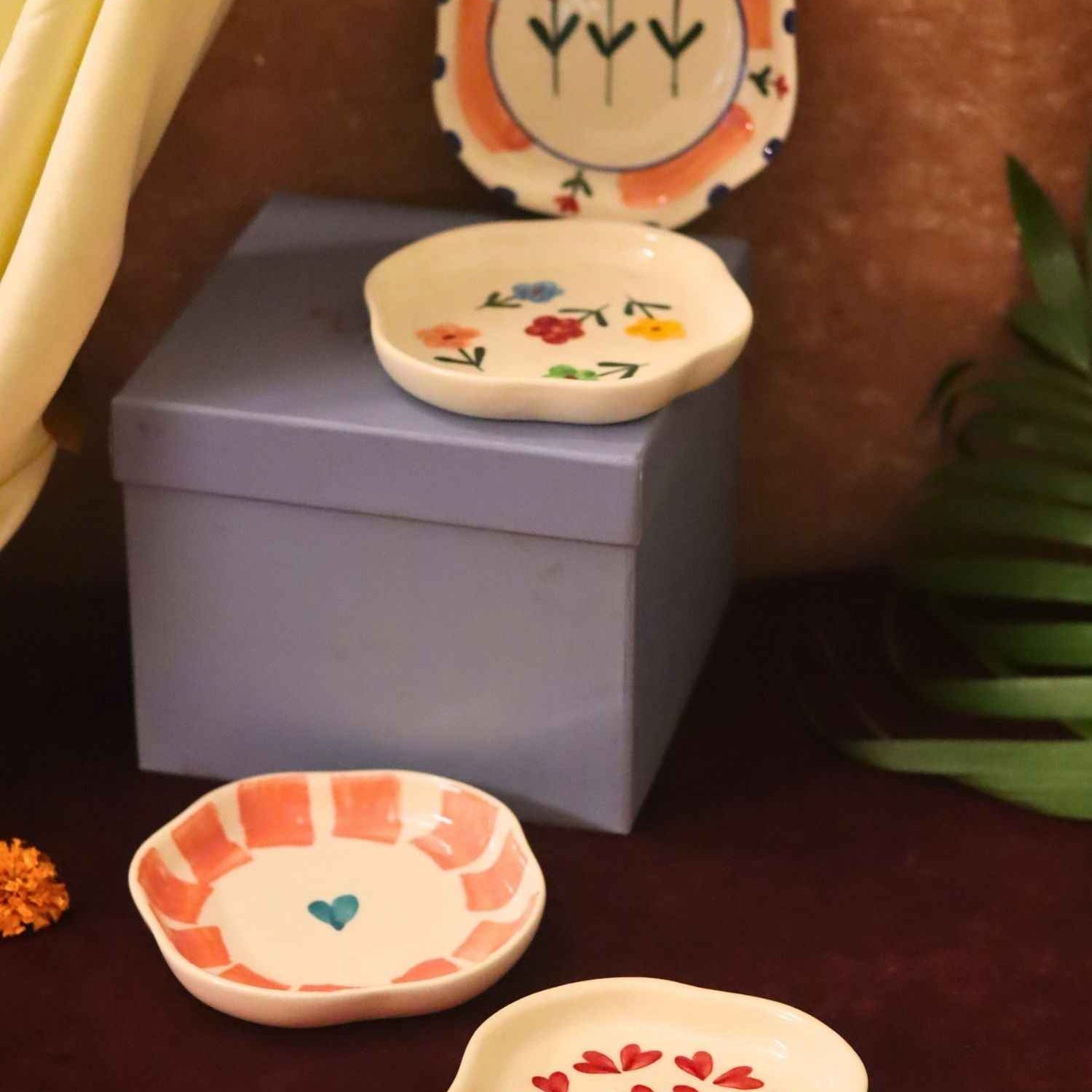 Set of 4 - Heart, Striped heart, Peony & Floral blossom handmade dessert plate combo in a Gift box