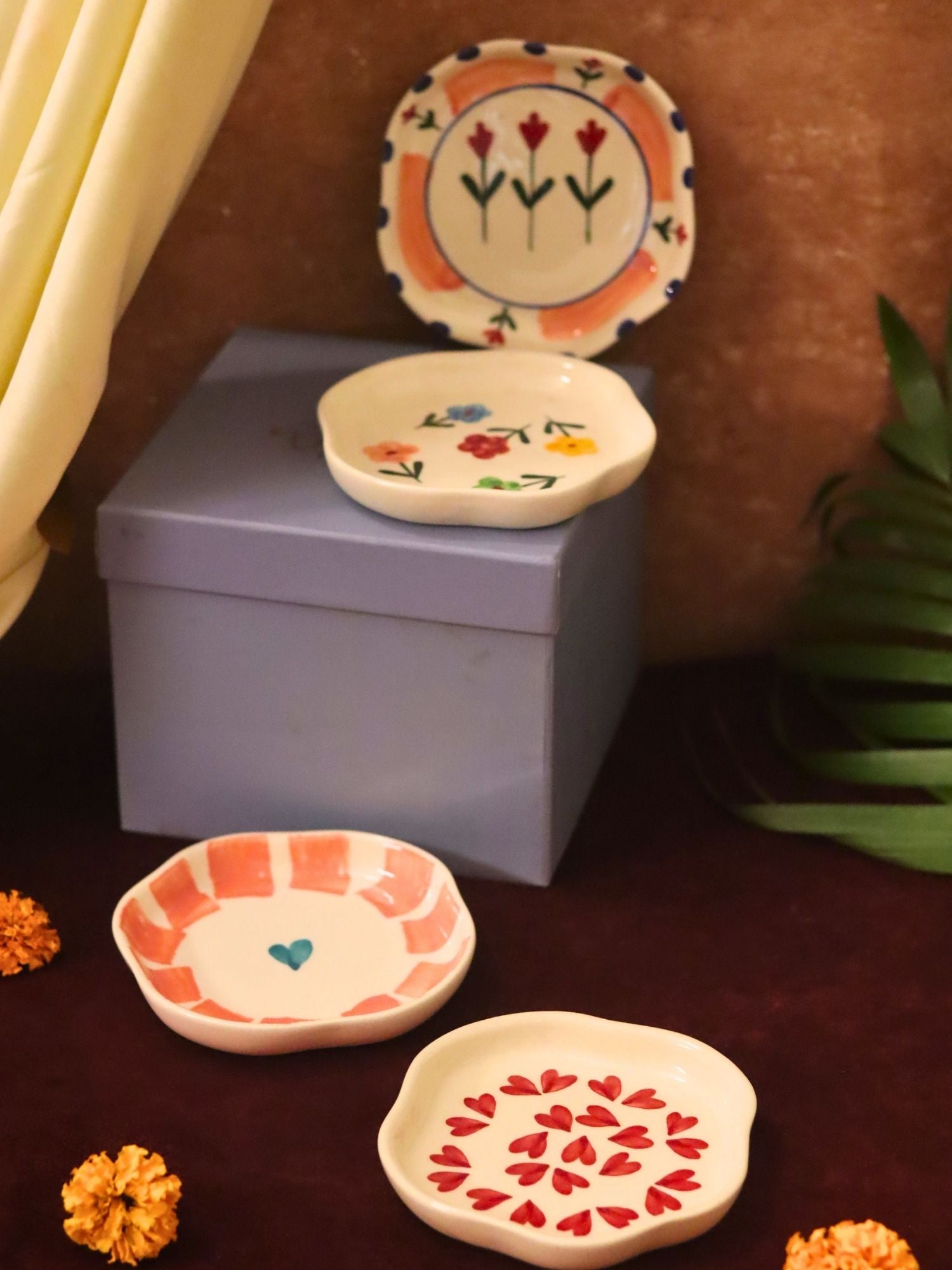 Set of 4 - Hear, Striped heart, Peony & Floral blossom handmade dessert plate combo in a Gift box made by ceramic