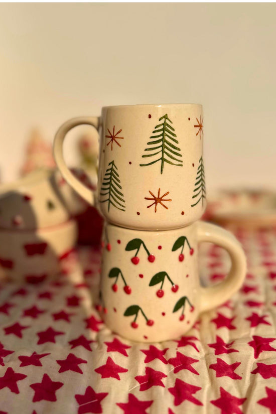 Set of 2 - The Xmas & Cherry Embossed Mug Combo with premium quality material, handmade in India