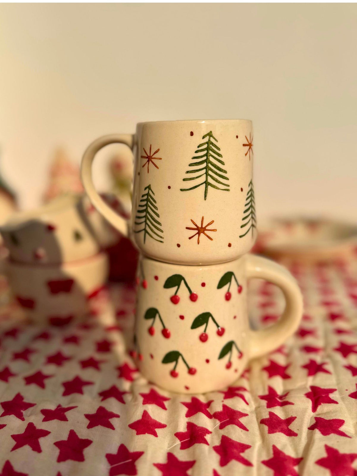 Set of 2 - The Xmas & Cherry Embossed Mug Combo with premium quality material, handmade in India