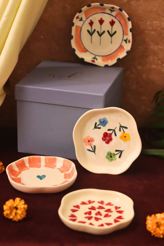 Set of 4 - Hear, Striped heart, Peony & Floral blossom handmade dessert plate combo in a Gift box with premium quality material