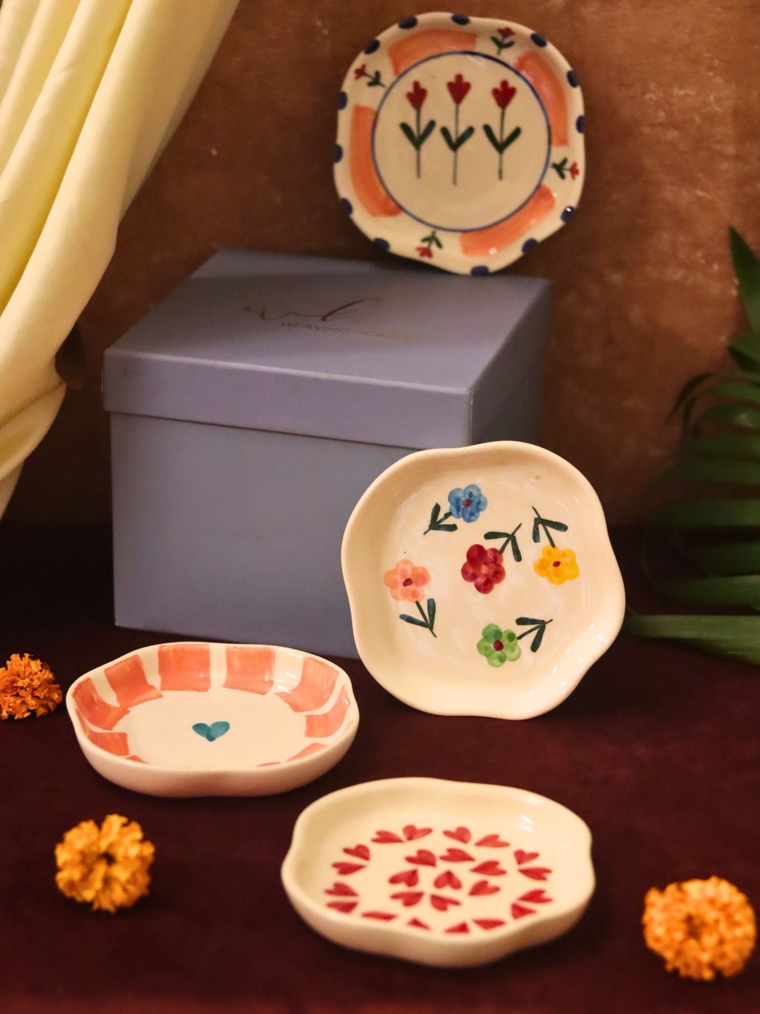 Set of 4 - Hear, Striped heart, Peony & Floral blossom handmade dessert plate combo in a Gift box with premium quality material