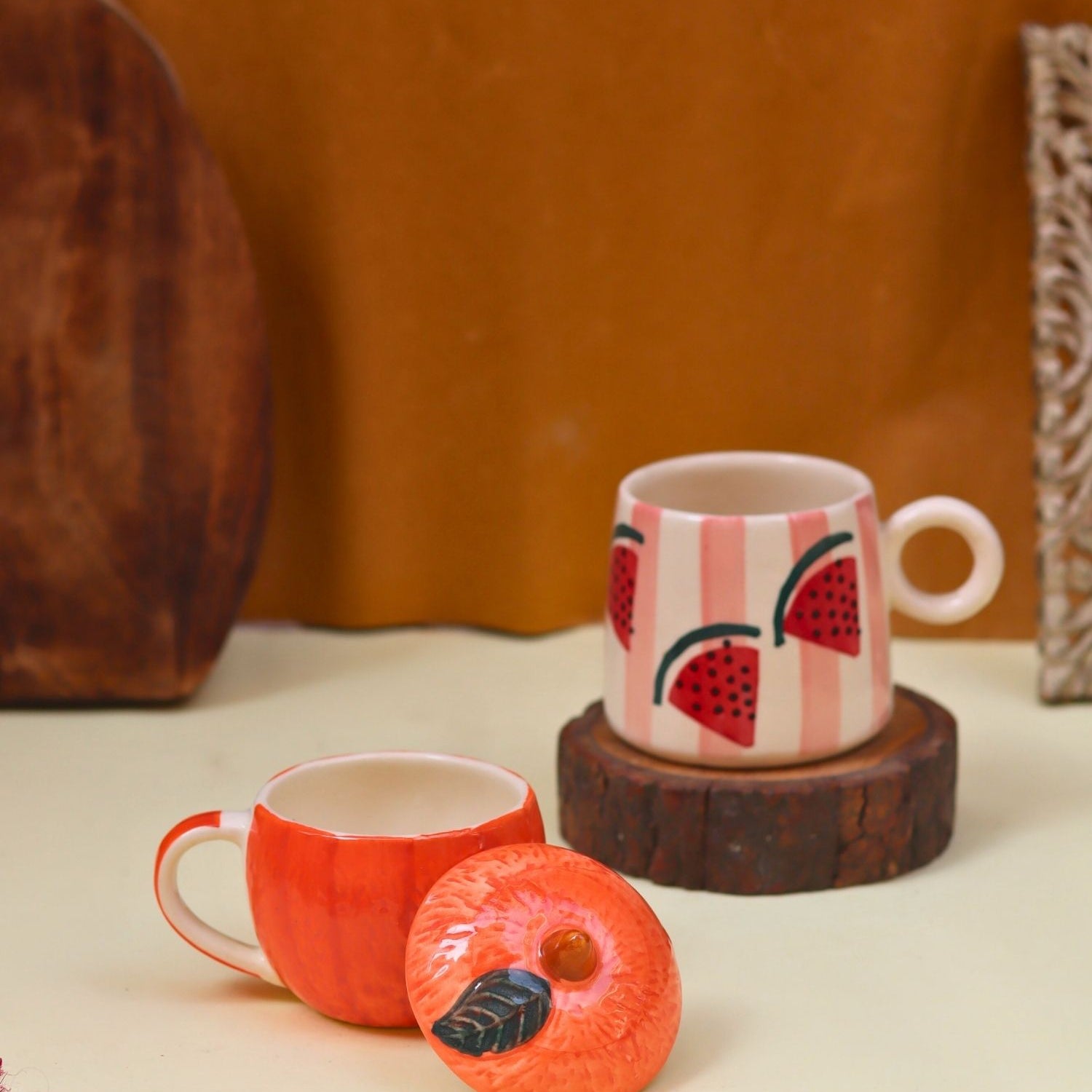 Set of 2 - Orange mug with lid & Melon Mug combo Made by ceramic
