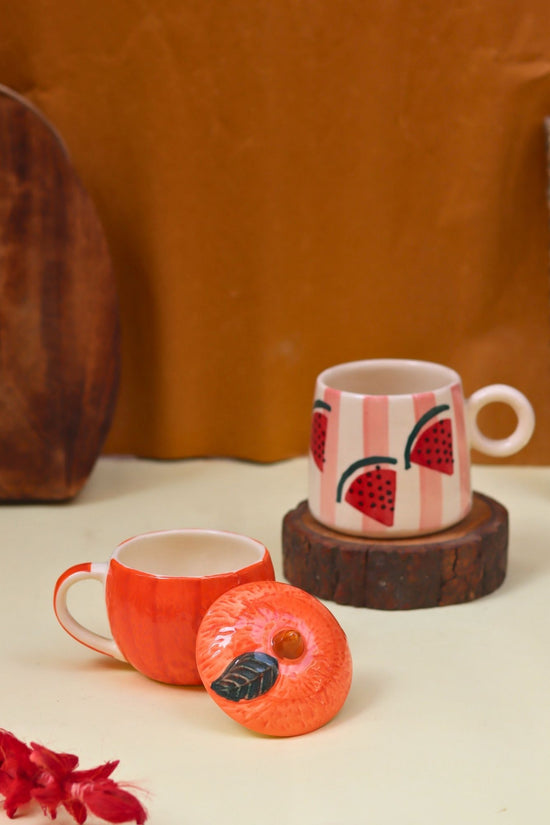 Set of 2 - Orange mug with lid & Melon Mug combo Made by ceramic