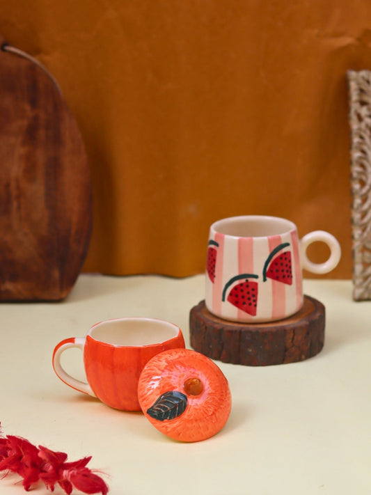 Set of 2 - Orange mug with lid & Melon Mug combo Made by ceramic