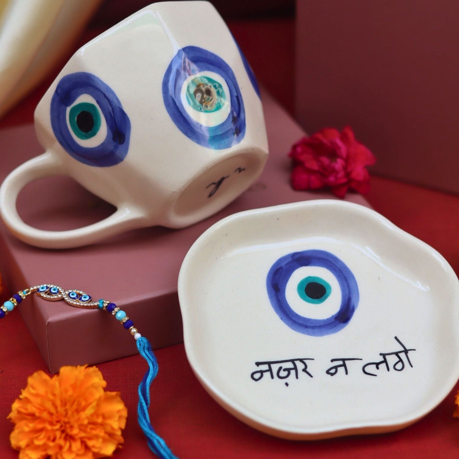 Evil Eye Mug & Evil Eye Dessert Plate Rakhi Gift Box made with premium quality material