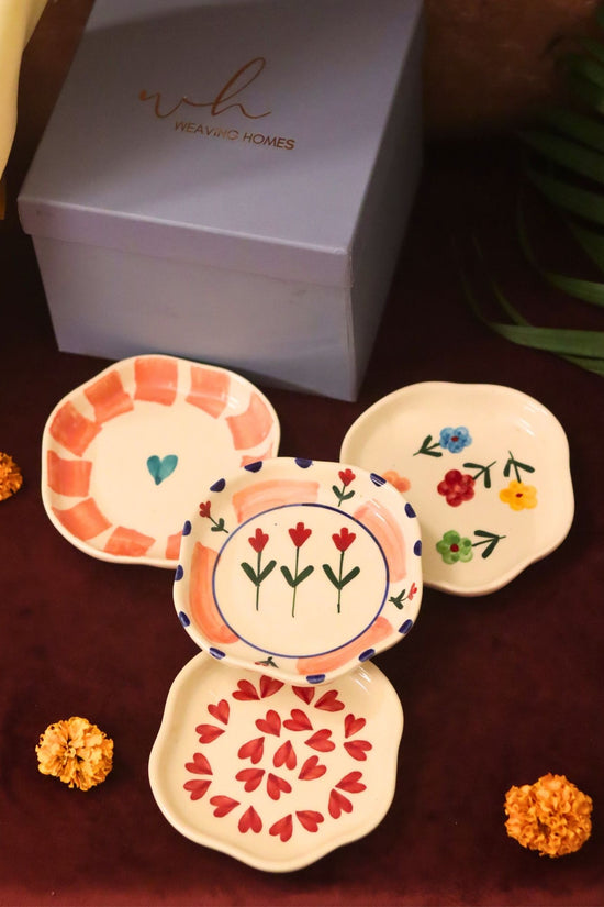 Set of 4 - Hear, Striped heart, Peony & Floral blossom handmade dessert plate combo in a Gift box handmade in india