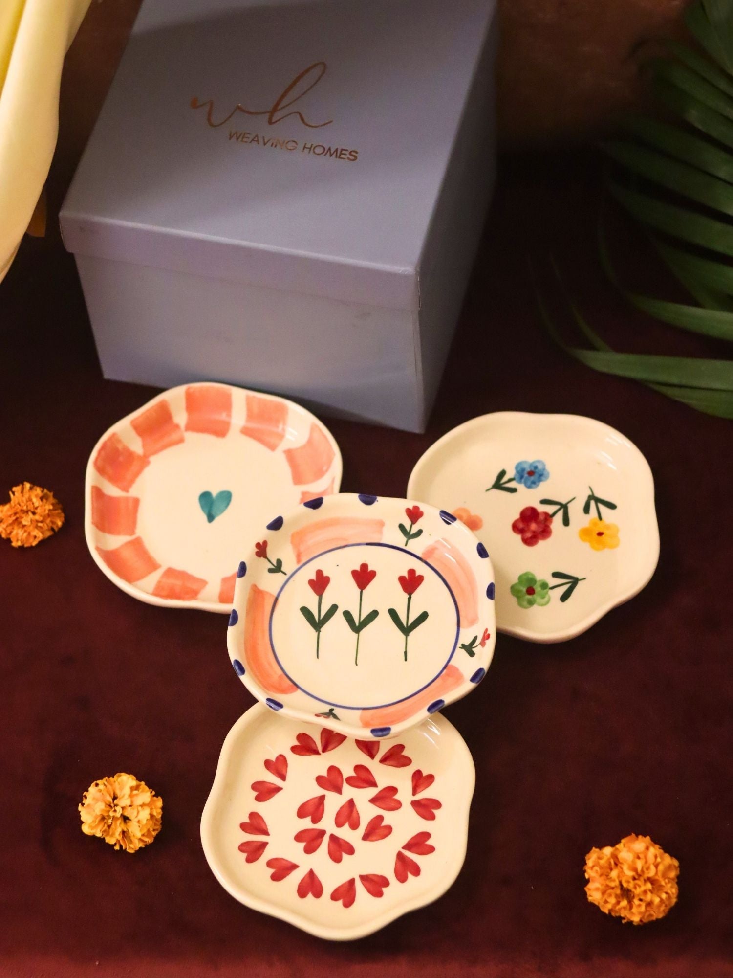 Set of 4 - Hear, Striped heart, Peony & Floral blossom handmade dessert plate combo in a Gift box handmade in india