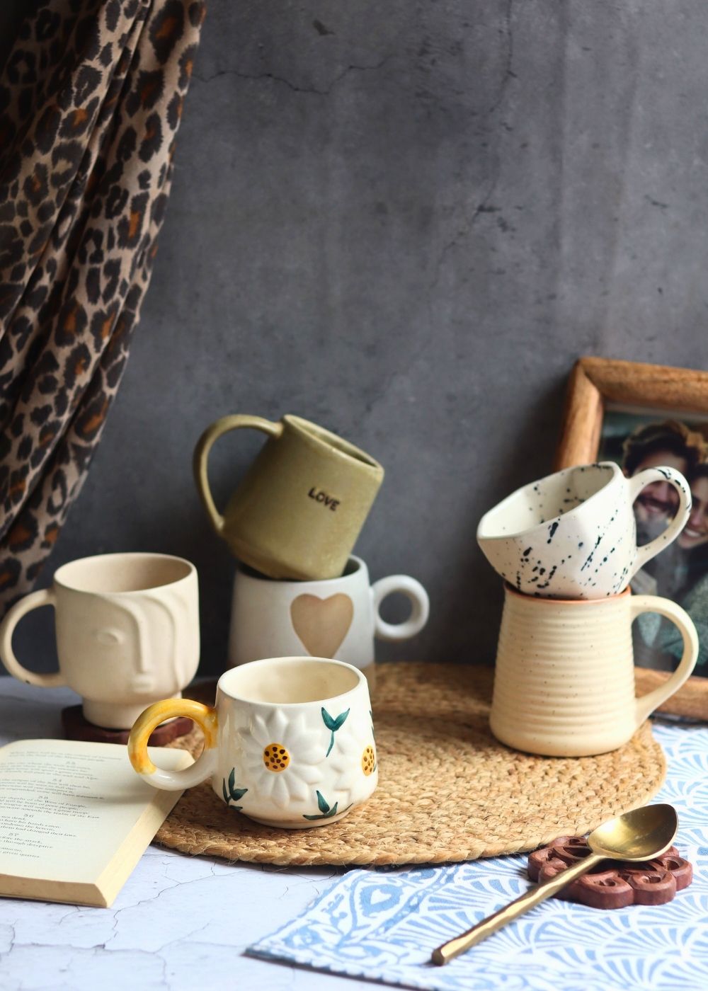 Set of 6 White & Beige Mugs (for the price of 5) handmade in india