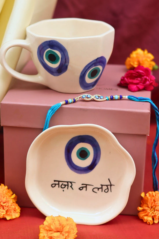 Evil Eye Mug & Evil Eye Dessert Plate Rakhi Gift Box handmade in India
