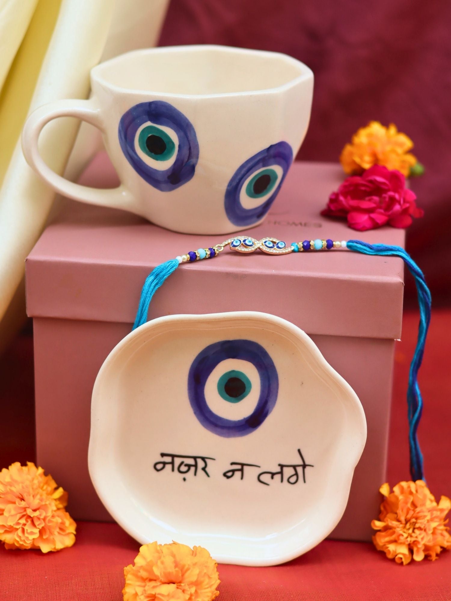 Evil Eye Mug & Evil Eye Dessert Plate Rakhi Gift Box handmade in India