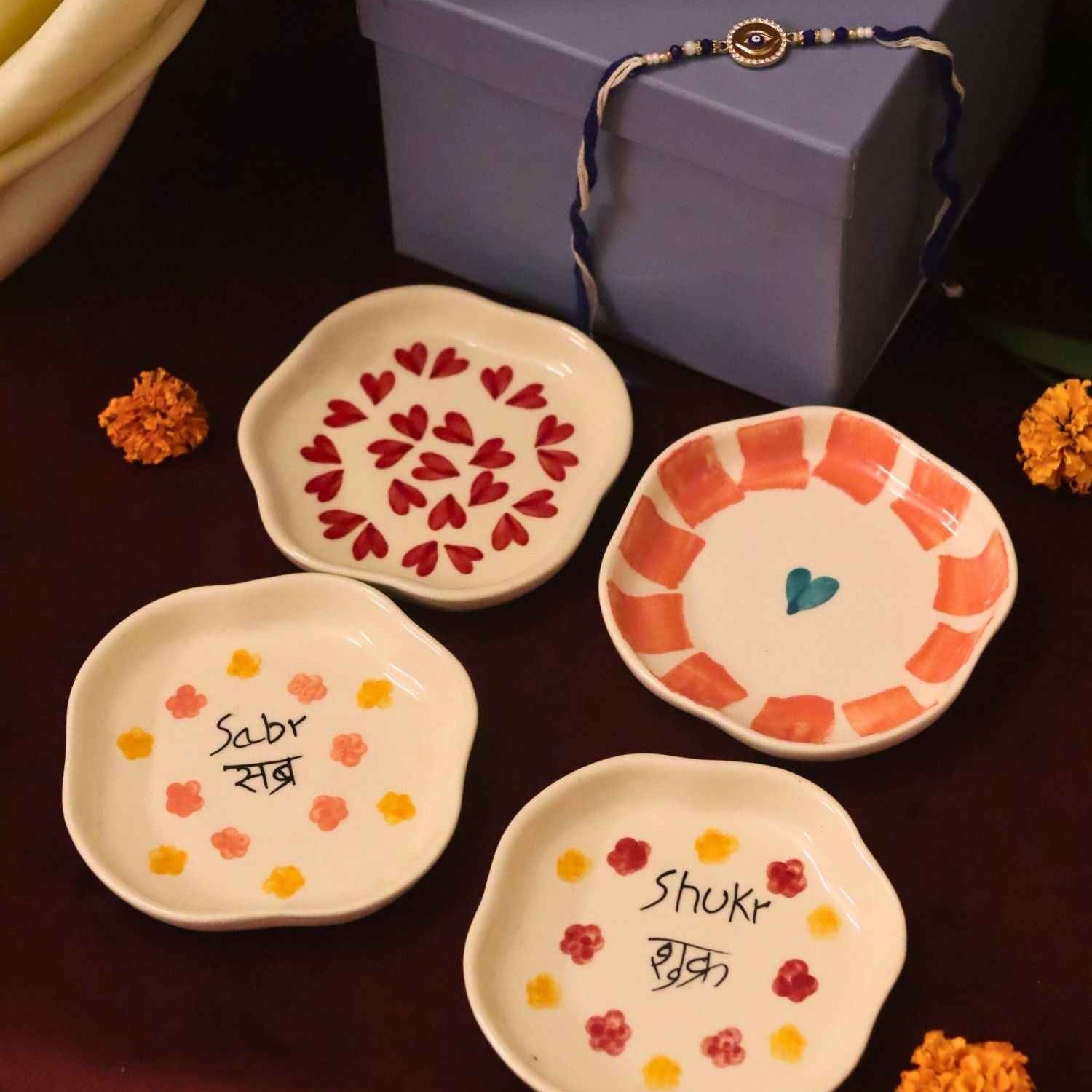 Set of 4 - Heart, Striped heart, Sabr & Shukr  handmade dessert plate combo Rakhi Gift box