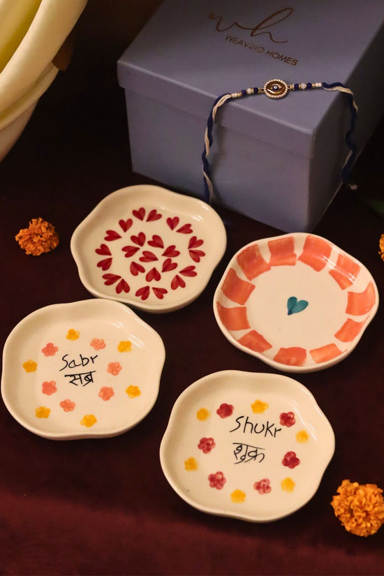 Lead free Set of 4 - Hear, Striped heart, Sabr & Shukr  handmade dessert plate combo Rakhi Gift box