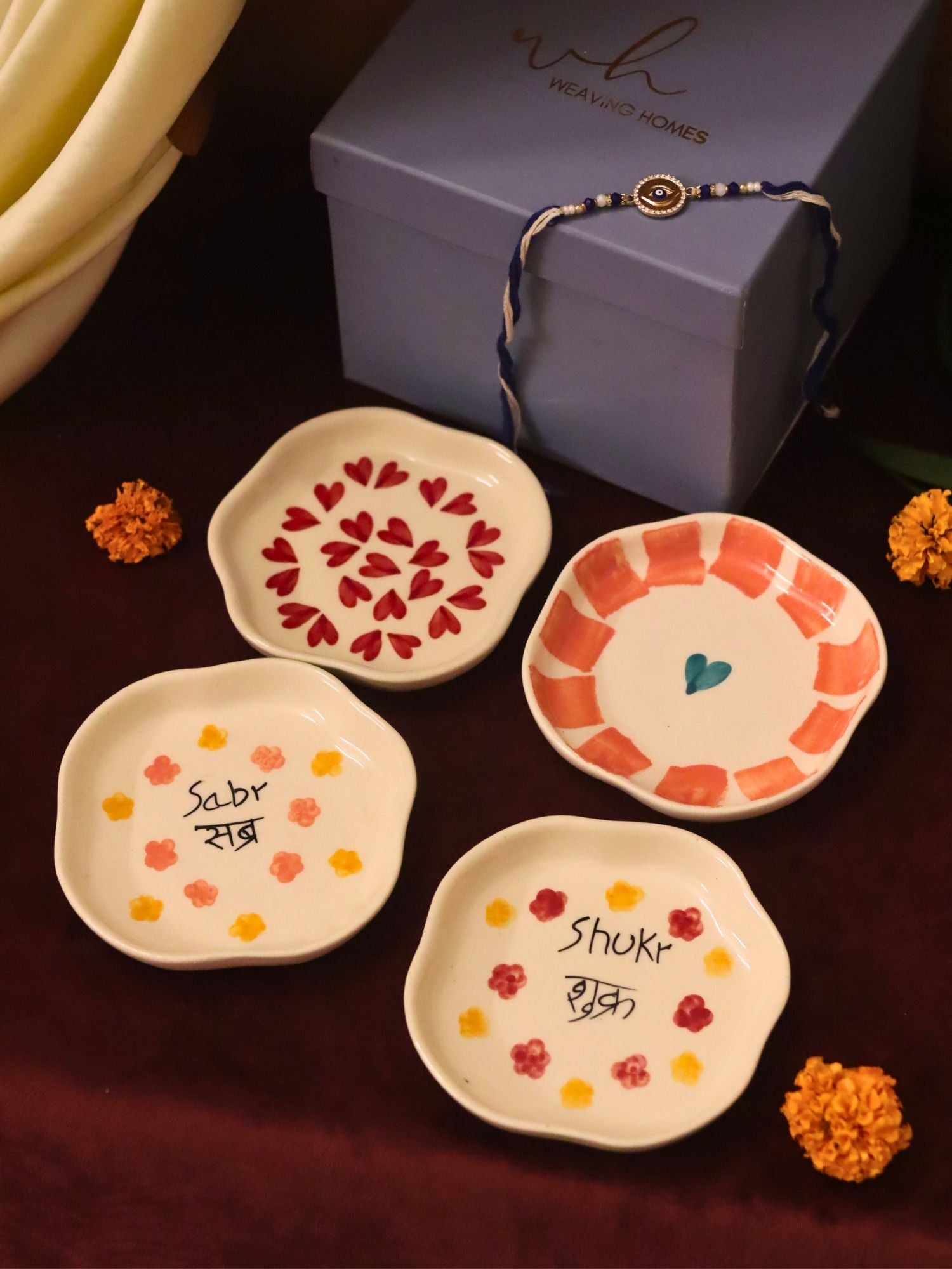 Lead free Set of 4 - Hear, Striped heart, Sabr & Shukr  handmade dessert plate combo Rakhi Gift box