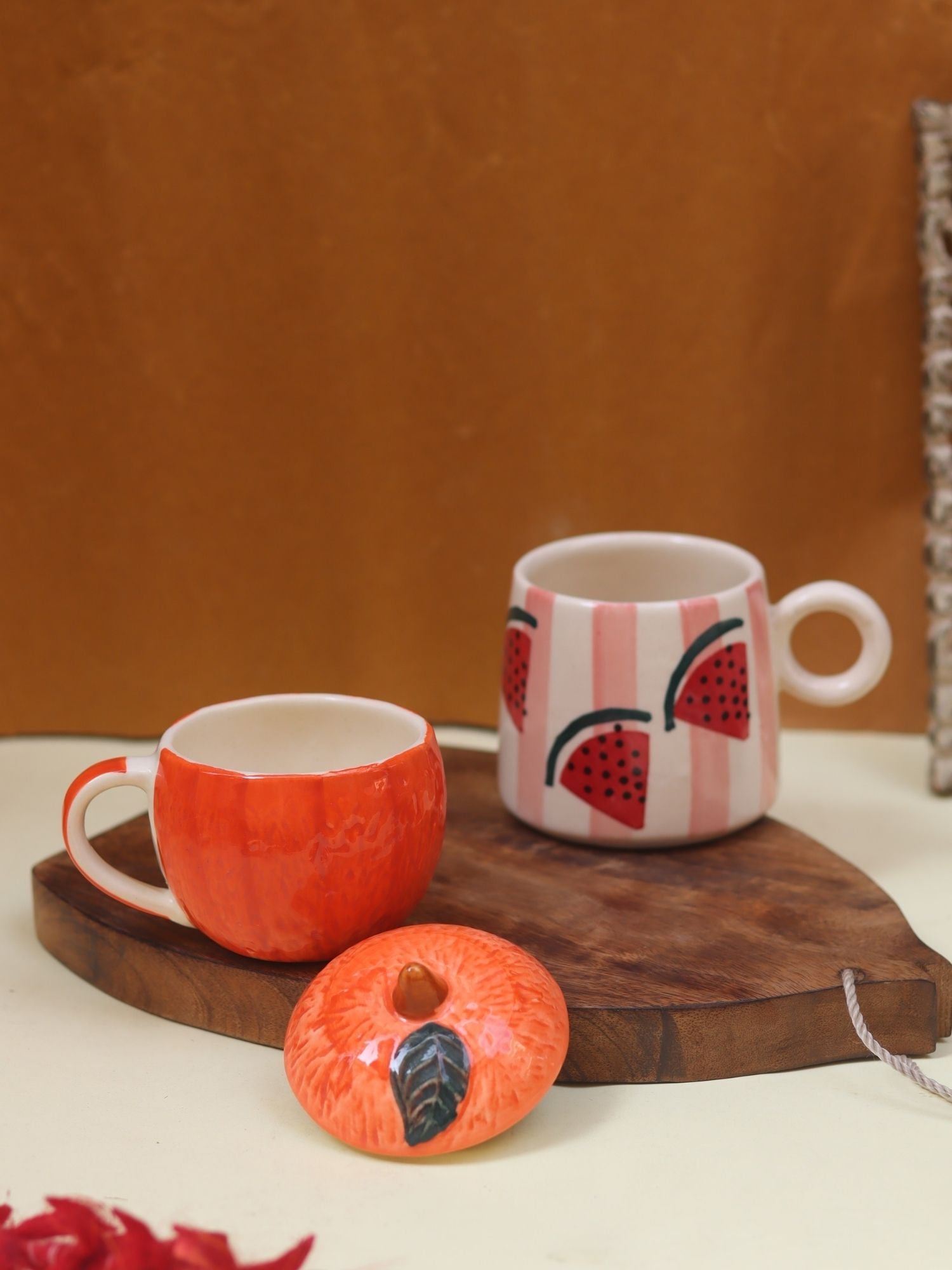 Set of 2 - Orange mug with lid & Melon Mug combo handmade in India