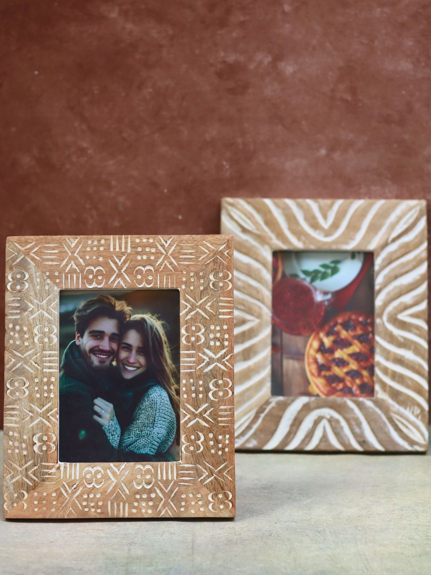 Set of 2 - Waves Carved & Aesthetic Carved Wooden Frame Combo