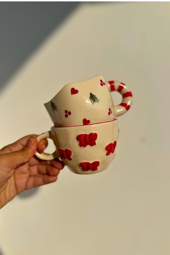handmade Set of 2 - Bow & Holly Jolly Mug Combo