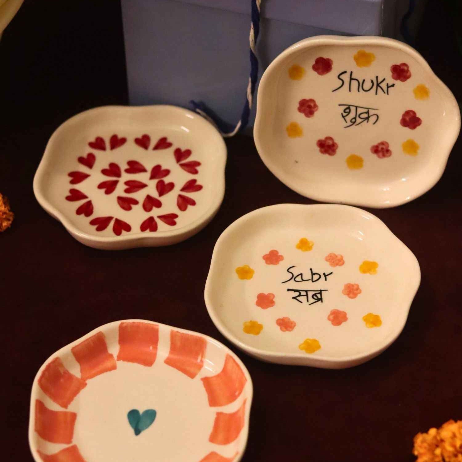 Set of 4 - Heart, Striped heart, Sabr & Shukr  handmade dessert plate combo Rakhi Gift box