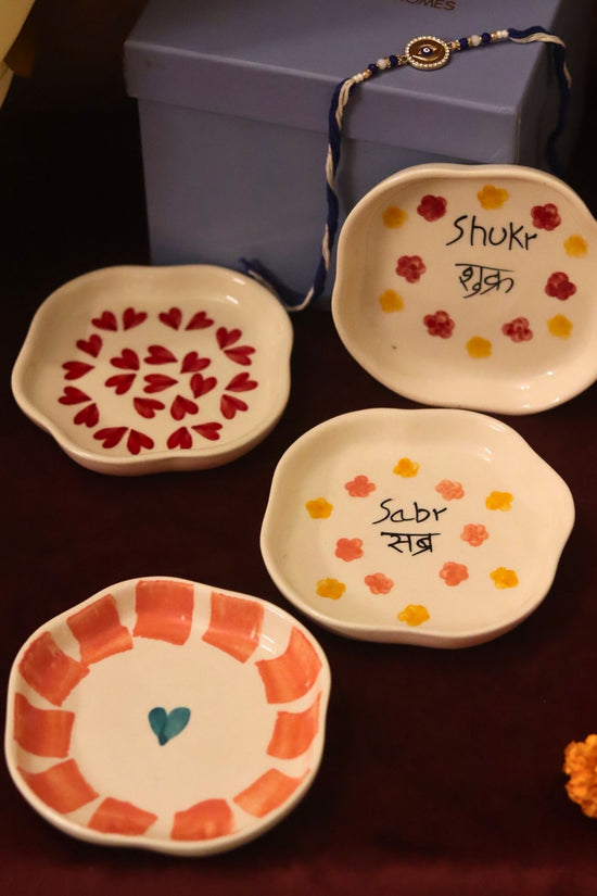 Set of 4 - Hear, Striped heart, Sabr & Shukr  handmade dessert plate combo Rakhi Gift box made by ceramic