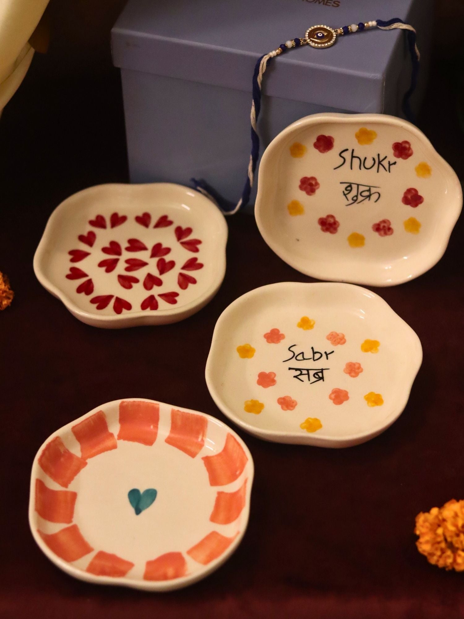 Set of 4 - Hear, Striped heart, Sabr & Shukr  handmade dessert plate combo Rakhi Gift box made by ceramic