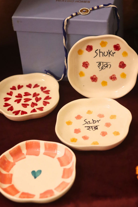 Set of 4 - Hear, Striped heart, Sabr & Shukr  handmade dessert plate combo Rakhi Gift box with premium quality material