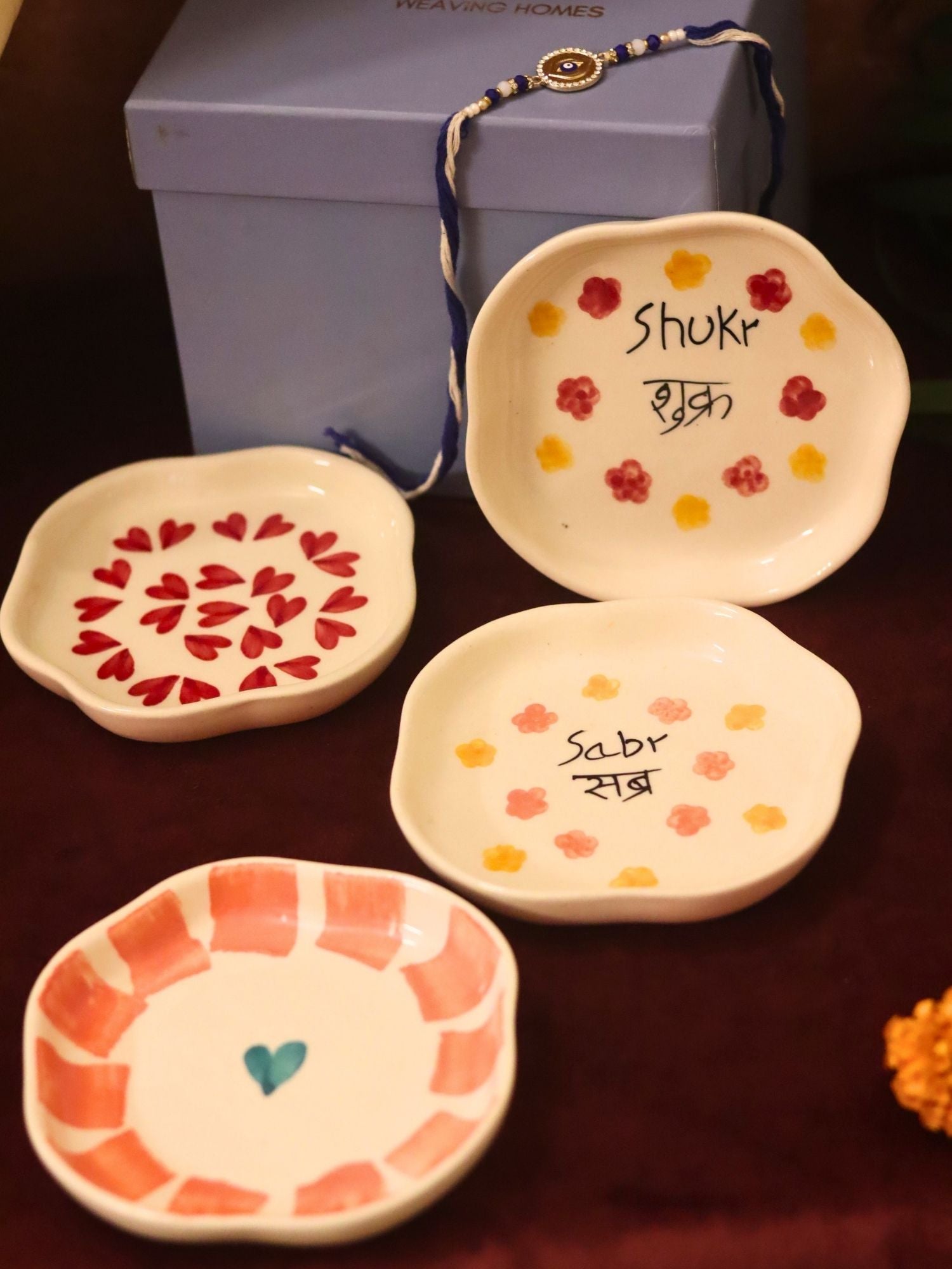 Set of 4 - Hear, Striped heart, Sabr & Shukr  handmade dessert plate combo Rakhi Gift box with premium quality material