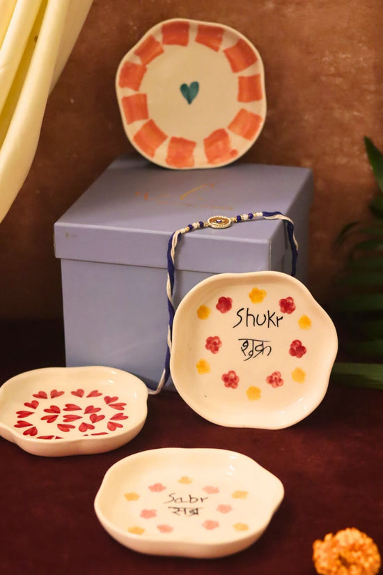 Set of 4 - Hear, Striped heart, Sabr & Shukr  handmade dessert plate combo Rakhi Gift box handmade in India