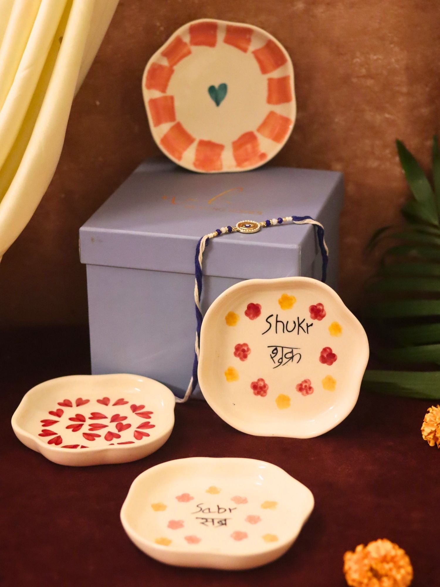 Set of 4 - Hear, Striped heart, Sabr & Shukr  handmade dessert plate combo Rakhi Gift box handmade in India