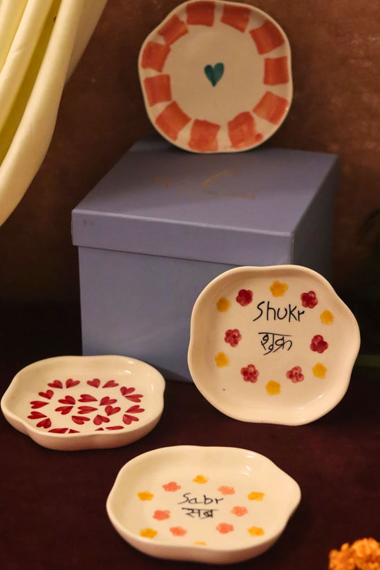 Set of 4 - Hear, Striped heart, Sabr & Shukr handmade dessert plate combo in a Gift box made by ceramic