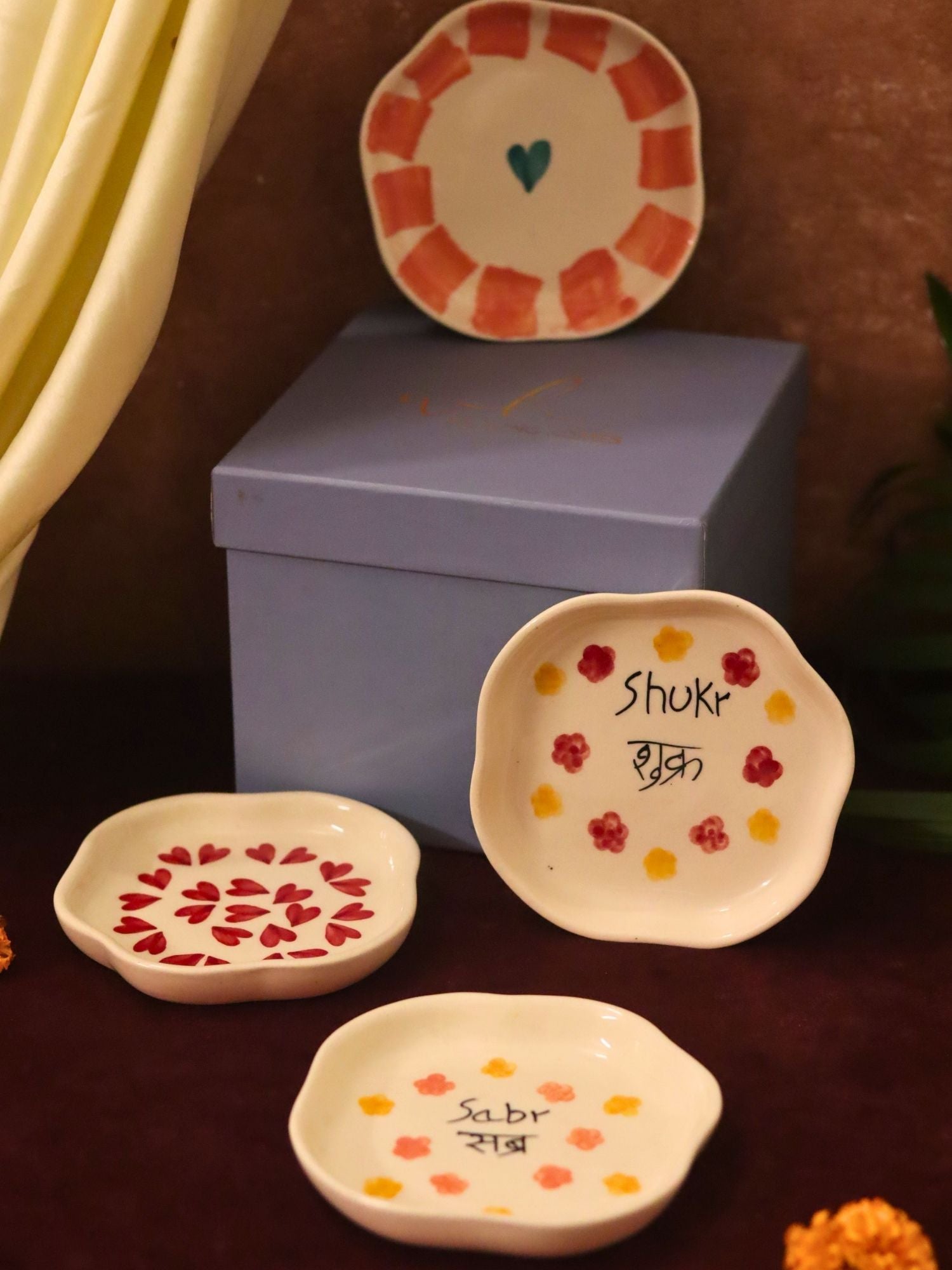 Set of 4 - Hear, Striped heart, Sabr & Shukr handmade dessert plate combo in a Gift box made by ceramic