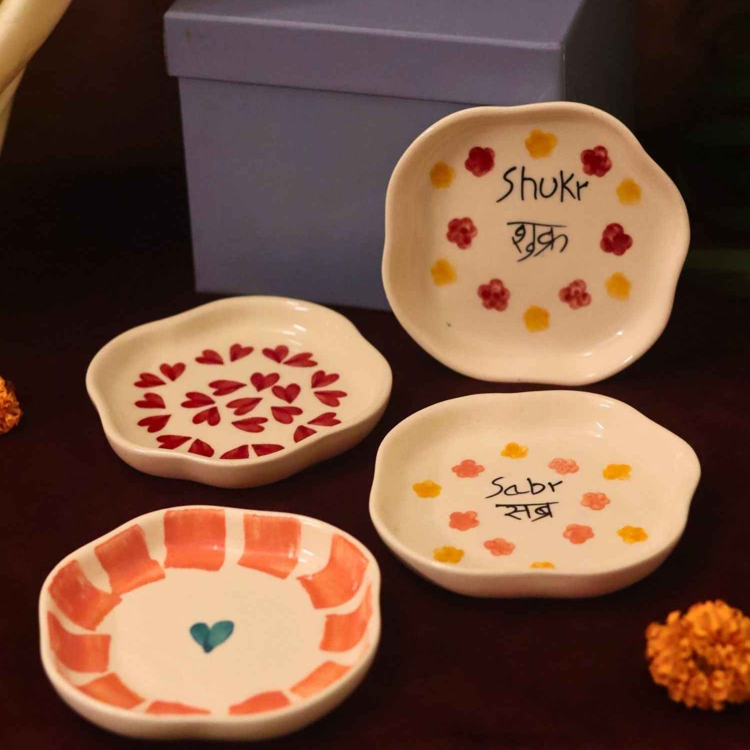 Set of 4 - Heart, Striped heart, Sabr & Shukr handmade dessert plate combo in a Gift box