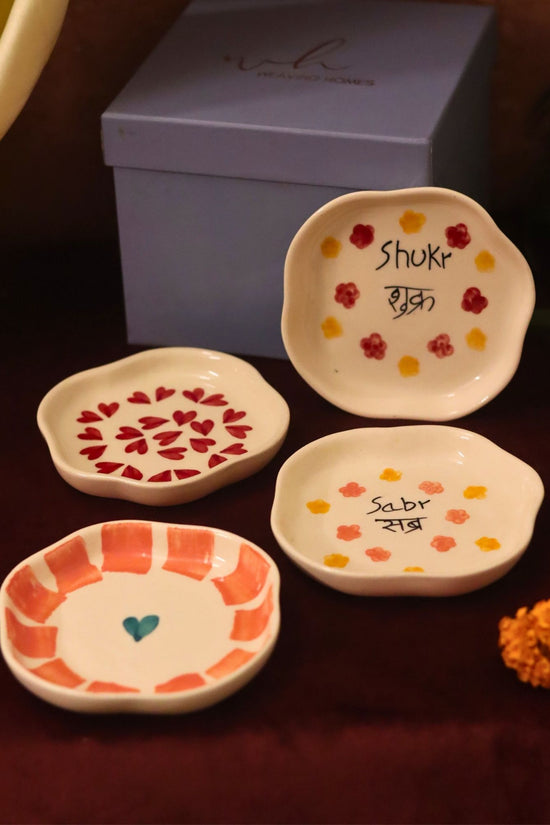 Lead free Set of 4 - Hear, Striped heart, Sabr & Shukr handmade dessert plate combo in a Gift box