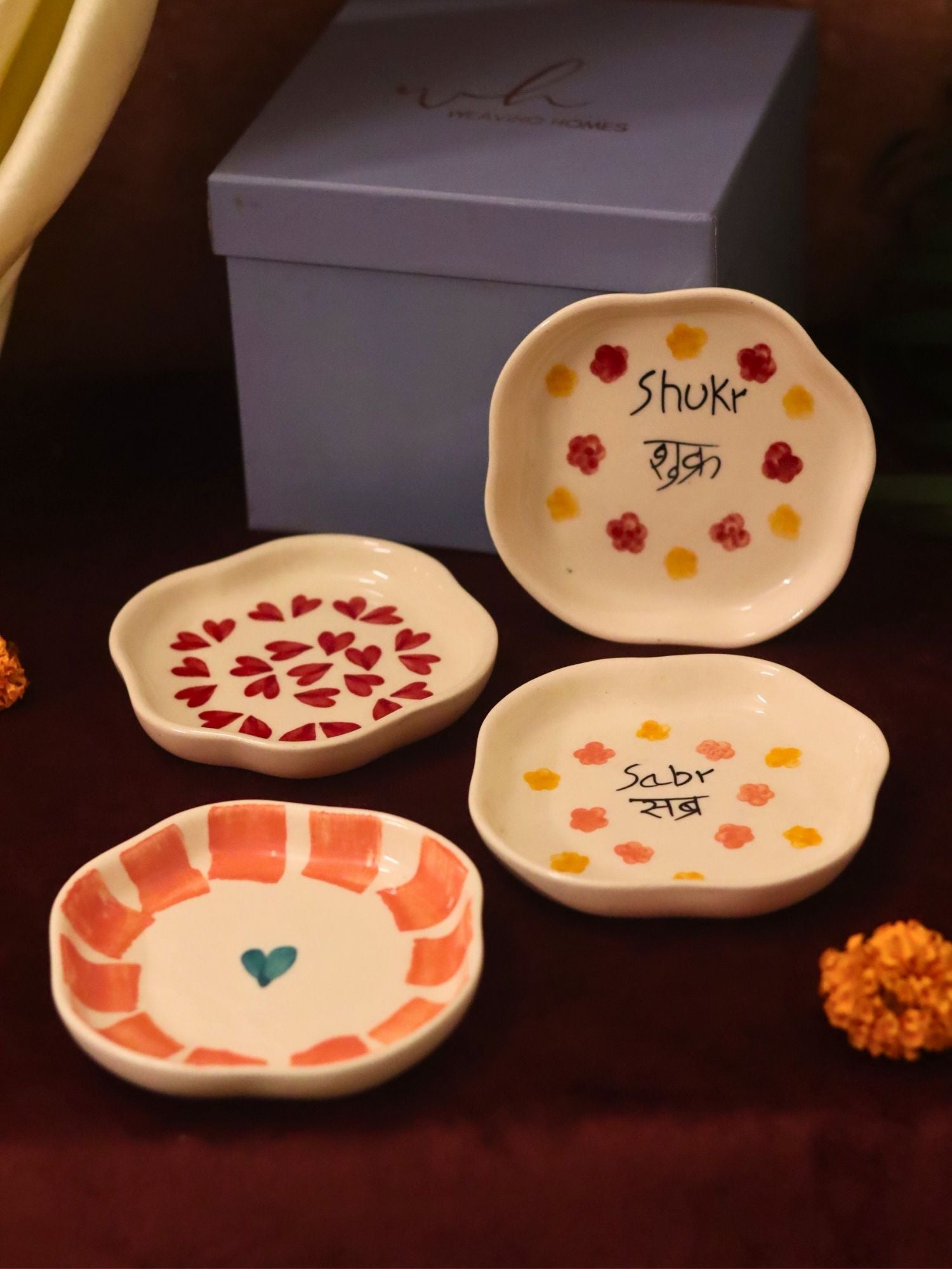 Lead free Set of 4 - Hear, Striped heart, Sabr & Shukr handmade dessert plate combo in a Gift box