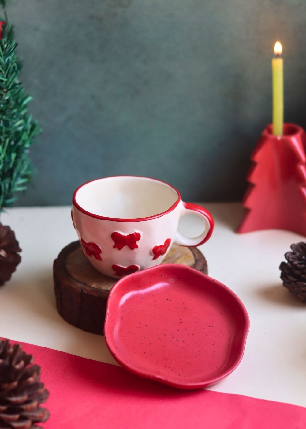 Handmade Bow Mug & Red Handmade Dessert Plate