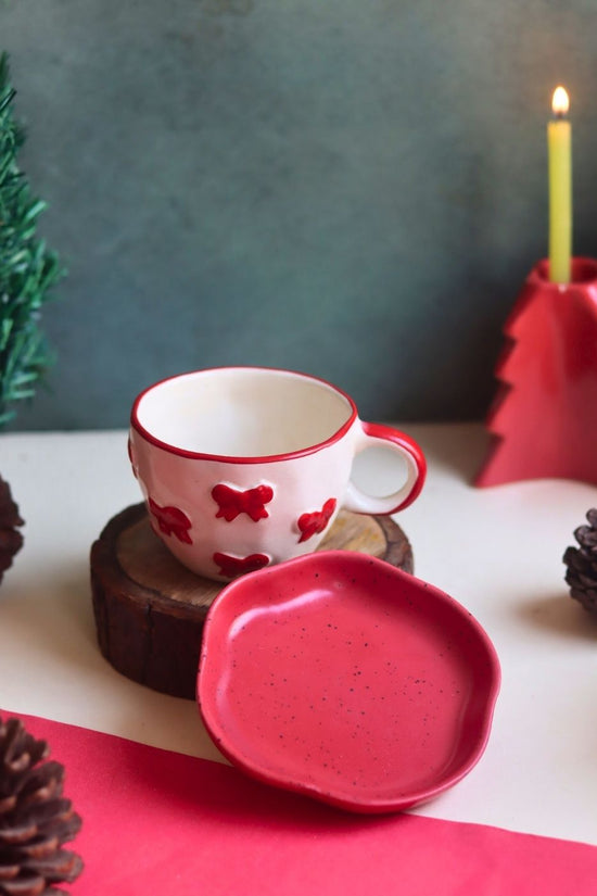 Handmade Bow Mug & Red Handmade Dessert Plate