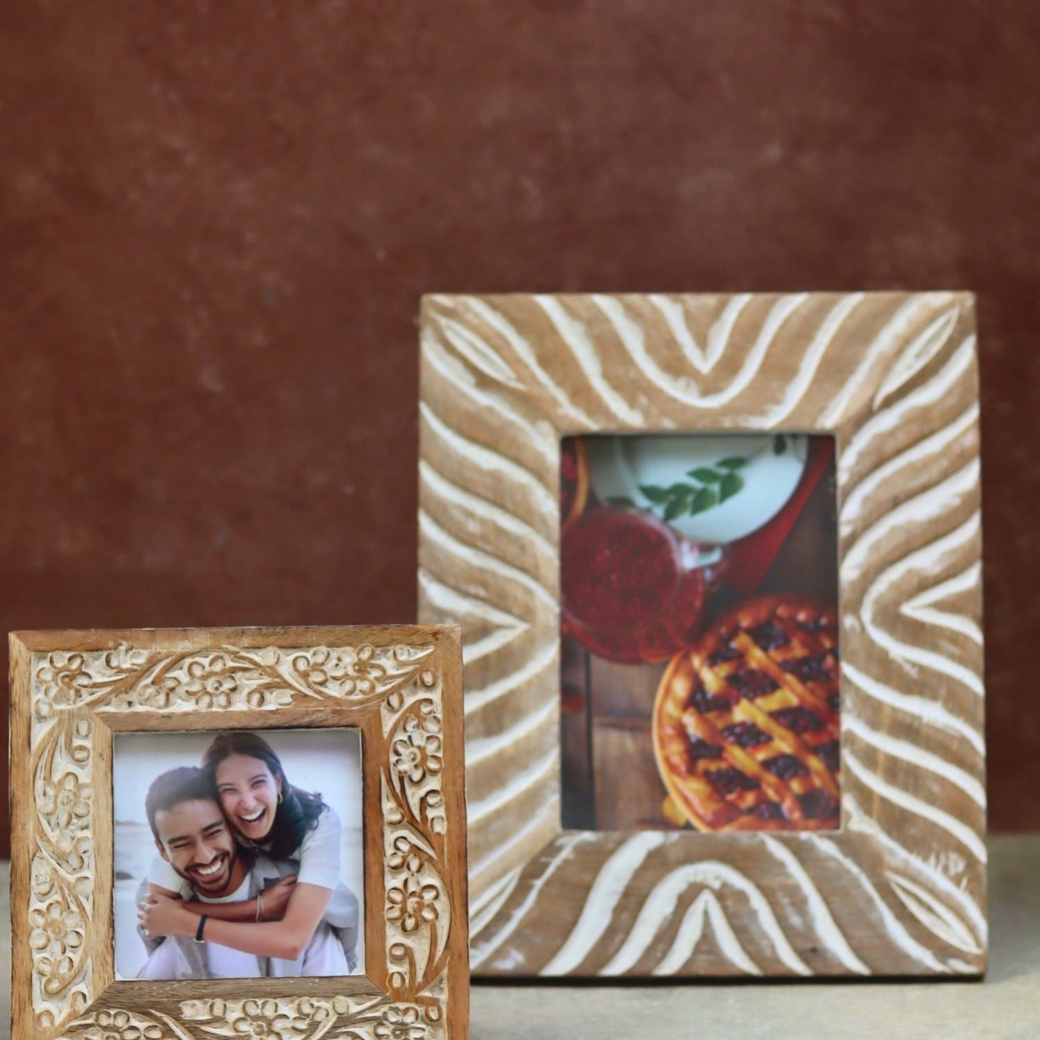handmade Set of 2 - Waves Carved & Carved Floral Wooden Frame combo