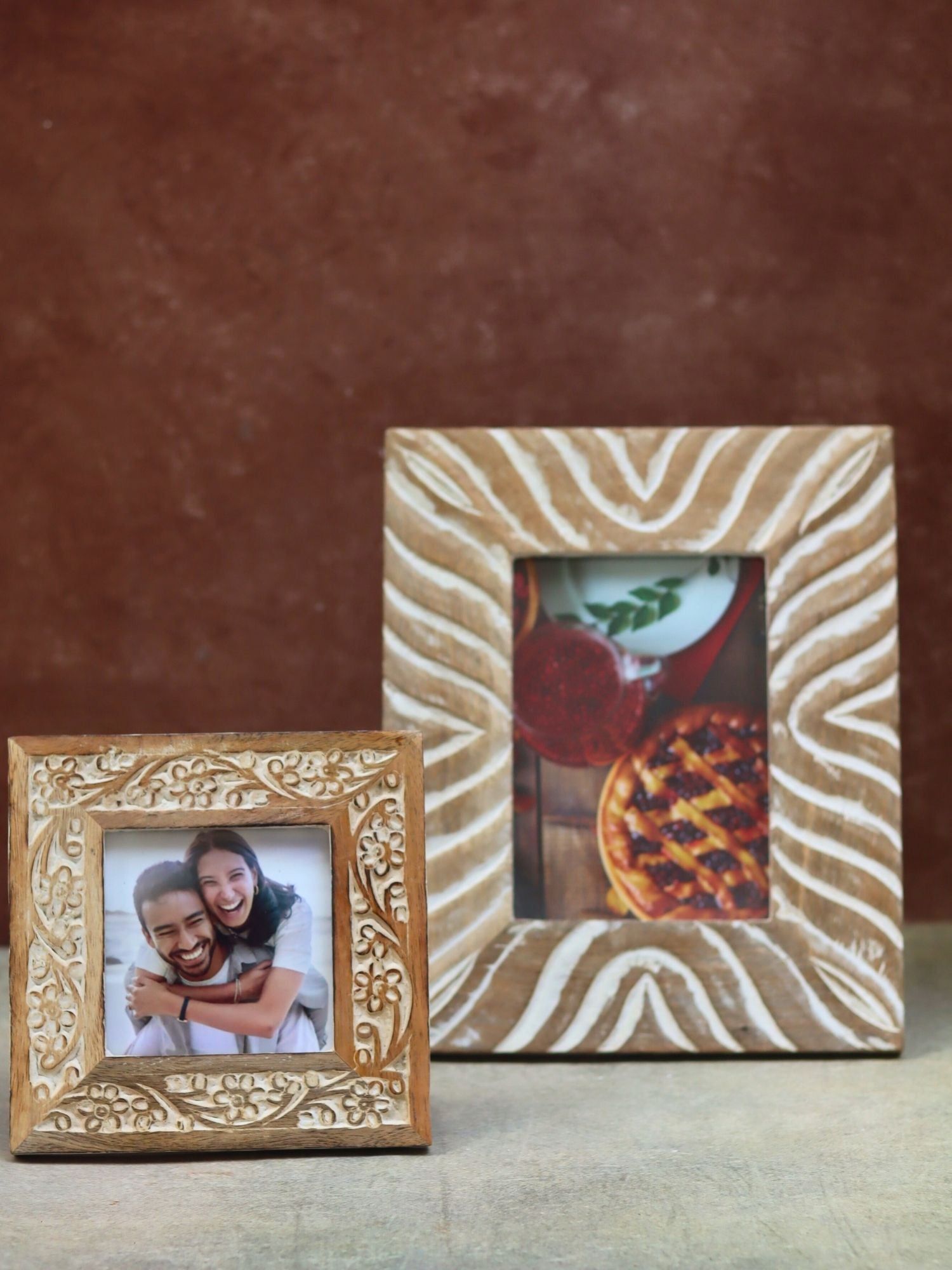 handmade Set of 2 - Waves Carved & Carved Floral Wooden Frame combo
