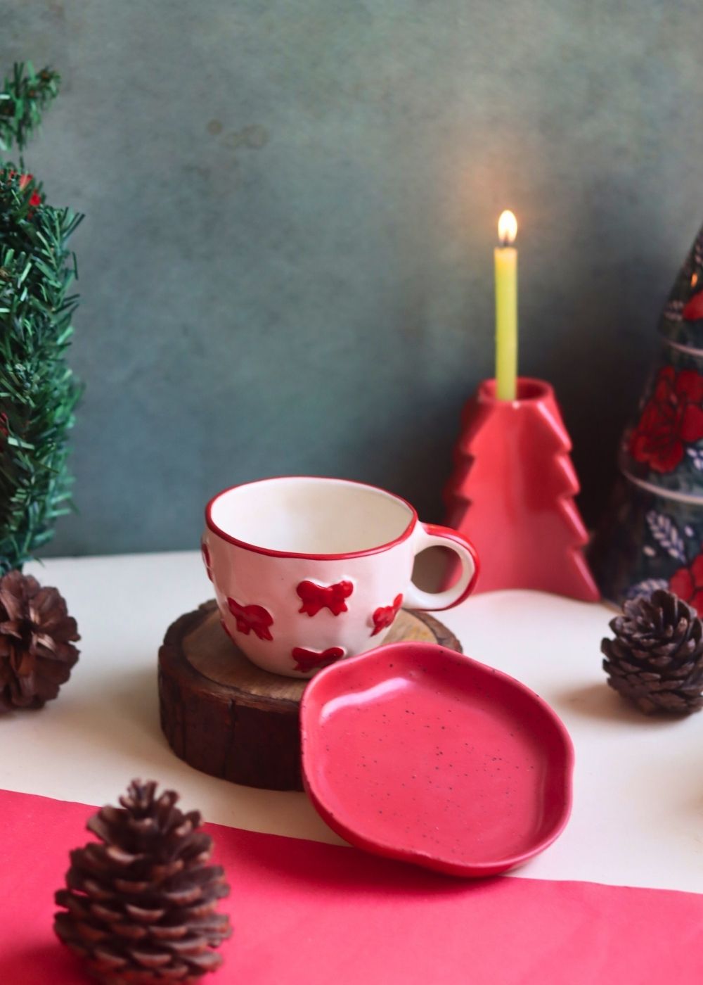 Bow Mug & Red Handmade Dessert Plate made by ceramic