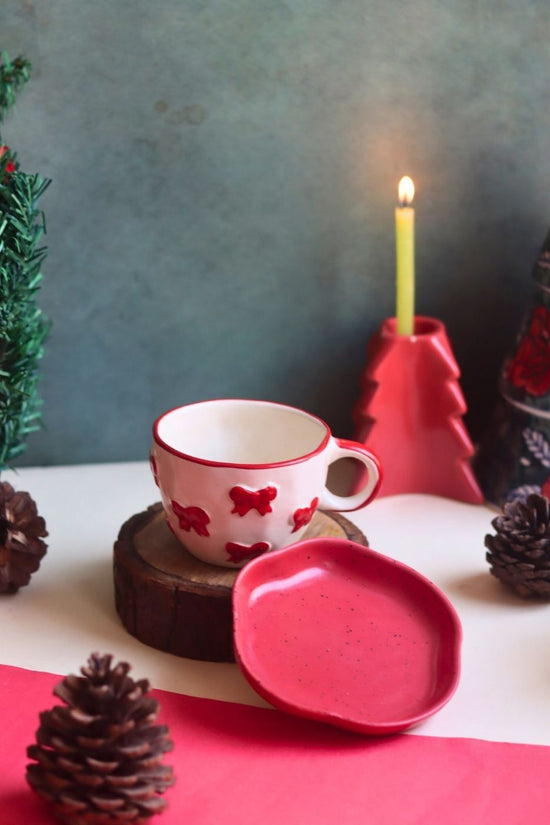 Bow Mug & Red Handmade Dessert Plate made by ceramic