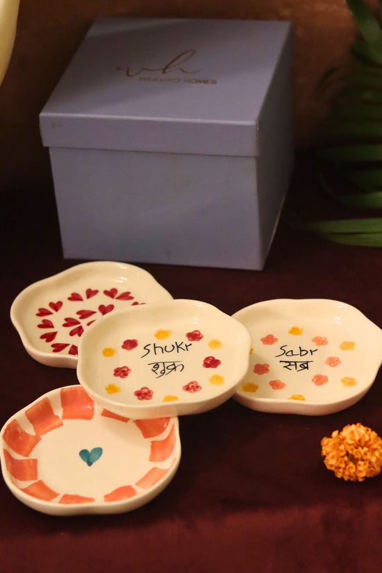 Set of 4 - Hear, Striped heart, Sabr & Shukr handmade dessert plate combo in a Gift box with premium quality material