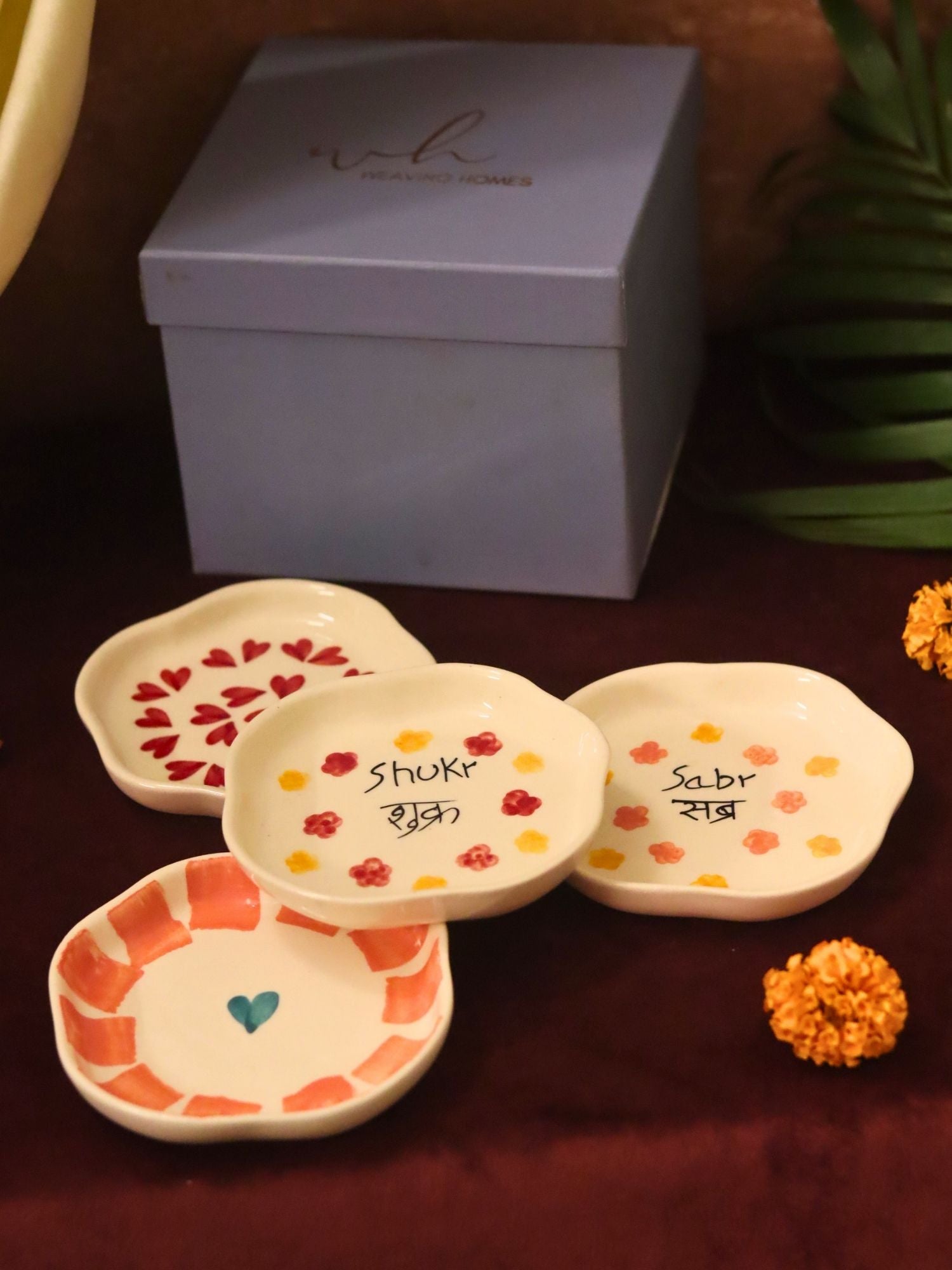 Set of 4 - Hear, Striped heart, Sabr & Shukr handmade dessert plate combo in a Gift box with premium quality material