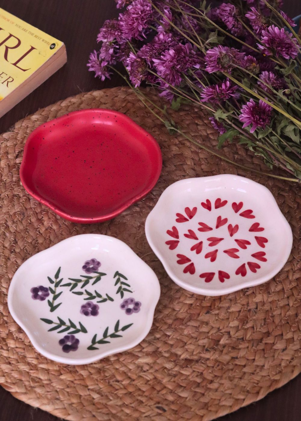 Red, All heart & Lavender Fields Handmade Dessert Plates  - Set of 3 handmade in india