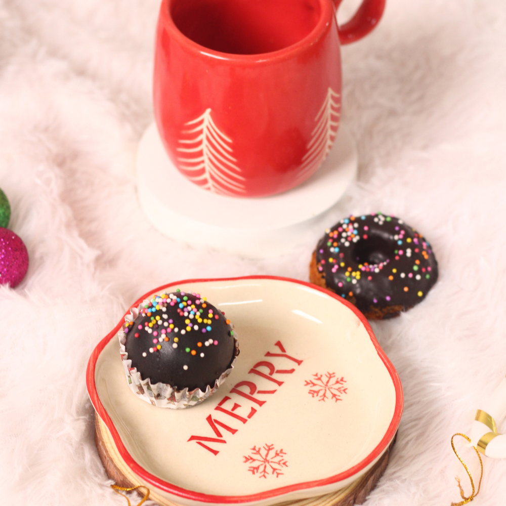 handmade red christmas tree mug with merry dessert plate