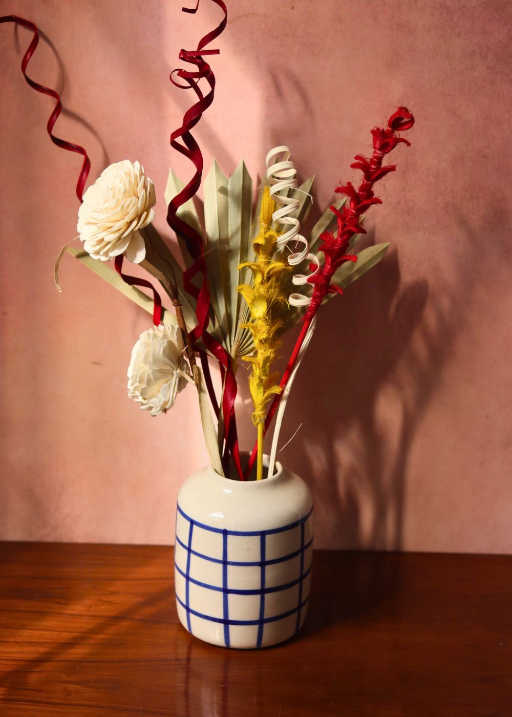 chequered blue vase with assorted bunch combo handmade in india