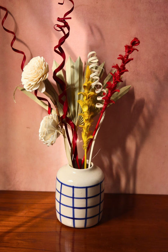 chequered blue vase with assorted bunch combo handmade in india