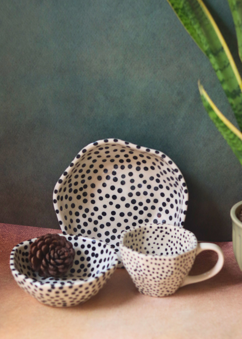 Handmade ceramic black & white breakfast set